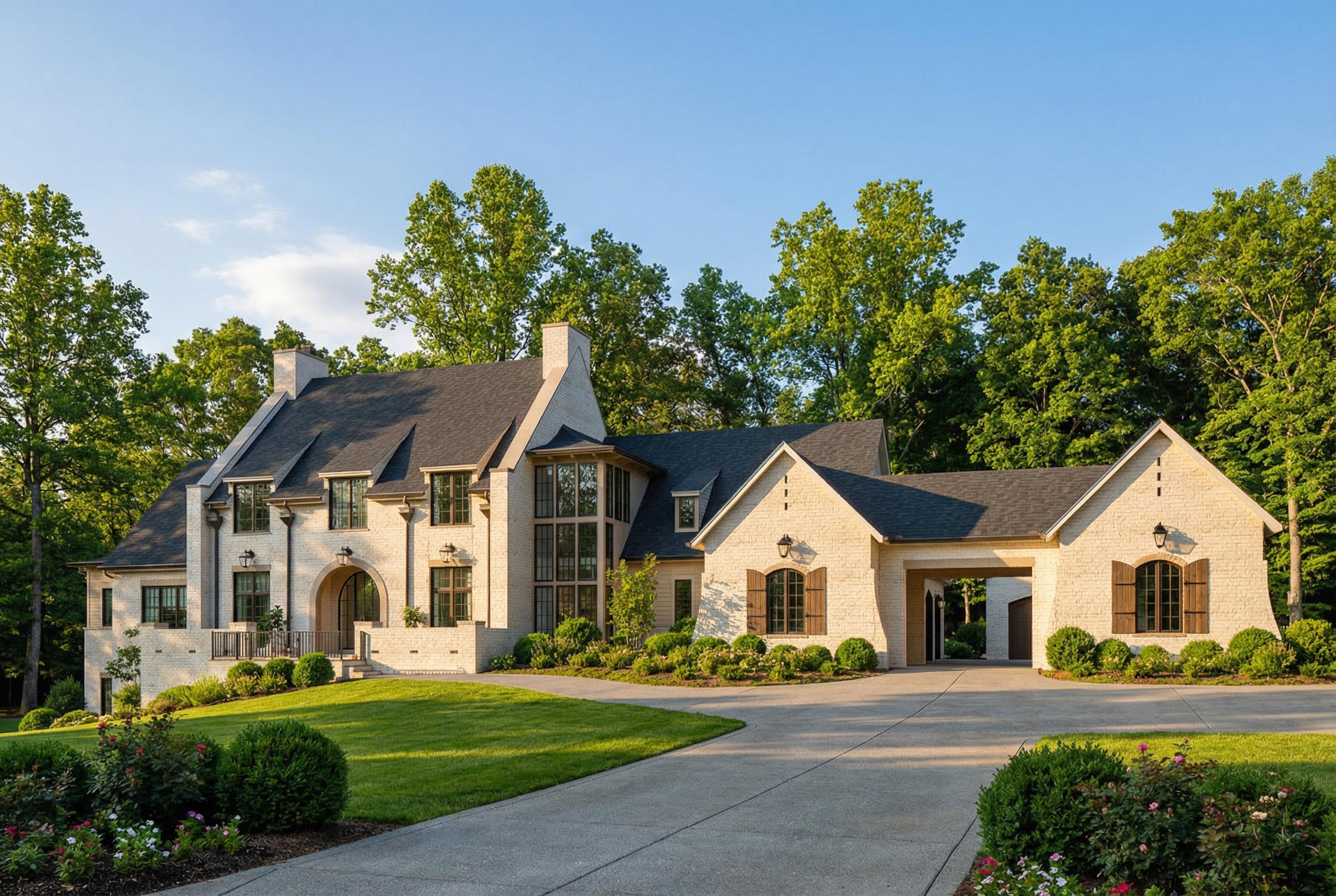 Completed Frusterio-designed home with white brick, steep gables, and an arched entry